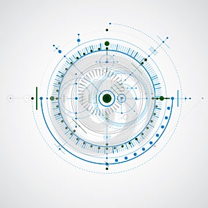 Vector engineering technological background, futuristic technical plan, mechanism in blue and green colors. Mechanical scheme, ab