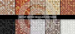 Vector English brick wall seamless patterns set. Flat red, orange, yellow, black, white, grey wall texture. Grunge