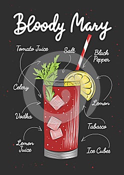 Vector engraved style Bloody Maryalcoholic cocktail illustration for posters, decoration, menu and print. Hand drawn sketch with