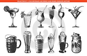 Vector engraved style cold beverages and cocktails collection for posters, decoration and menu, logo.