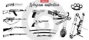 Vector engraved style illustration for logo, emblem, label or poster. Hand drawn sketch set of different weapons