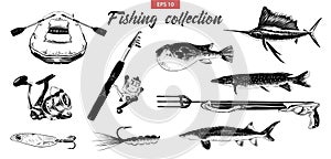 Vector engraved style illustration for logo, emblem, label or poster. Hand drawn sketch set of fishing elements isolated on white