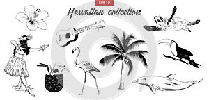 Vector engraved style illustration for logo, emblem, label or poster. Hand drawn sketch set of Hawaiian girl, ukulele guitar, etc