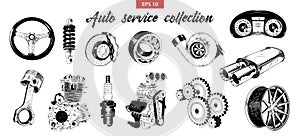 Vector engraved style illustration for posters, decoration. Hand drawn sketch set of auto or car service elements