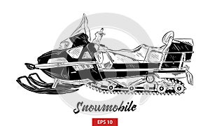 Hand drawn sketch of snowmobile in black isolated on white background. Detailed vintage etching style drawing.