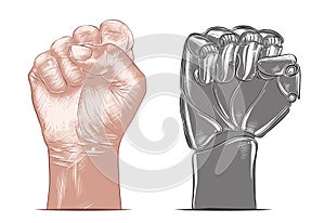 Vector engraved style illustration for posters, decoration and print. Hand drawn sketch of human and robot fist gesture in