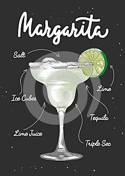 Vector engraved style illustration for posters, decoration and print. Hand drawn sketch of Margarita alcoholic cocktail, colorful