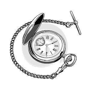 Hand drawn sketch of pocket watch in black isolated on white background.