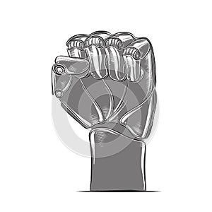 Vector engraved style illustration for posters, decoration and print. Hand drawn sketch of robot fist in silver isolated on white