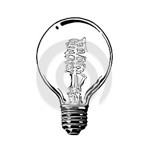 Hand drawn sketch of light bulb in black isolated on white background. Detailed vintage etching style drawing