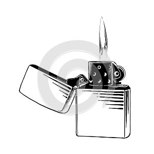 Hand drawn sketch of steel lighter in black isolated on white background. Detailed vintage etching style drawing