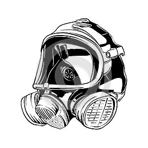 Hand drawn sketch of firefighter gas mask isolated on white background. Detailed vintage etching style drawing