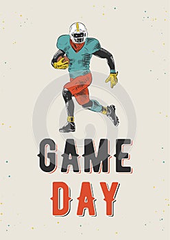 Vector engraved style illustration for posters or t-shirt prints. Hand drawn sketch of american football player with modern