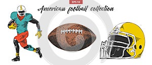 Vector engraved style illustrations for posters, decoration, logo. Hand drawn sketch of American football player, ball and helmet