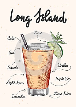 Vector engraved style Long Island alcoholic cocktail illustration for posters, decoration, logo and print. Hand drawn sketch with