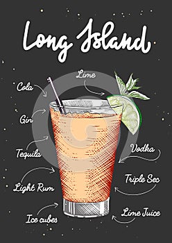 Vector engraved style Long Island alcoholic cocktail illustration for posters, decoration, logo and print. Hand drawn sketch with