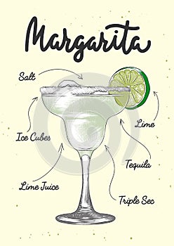 Vector engraved style Margarita alcoholic cocktail illustration for posters, decoration, logo and print. Hand drawn sketch with