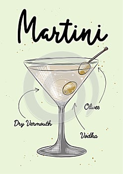 Vector engraved style Martini cocktail illustration for posters, decoration, logo, menu and print. Hand drawn sketch with