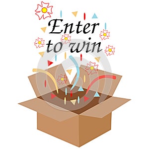 Vector Enter to Win Prizes Banner, Brown Box with colorful papers