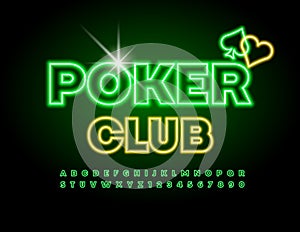 Vector entertainment logo Poker Club. Green Neon Alphabet