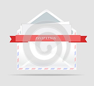 Vector envelope. Opened envelope with invitation card and red ribbon.