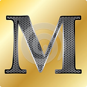 Vector EPS steel English font symbol M on Gold background.