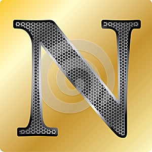 Vector EPS steel English font symbol N on Gold background.