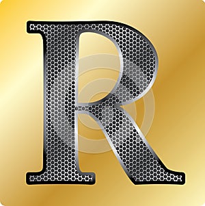 Vector EPS steel English font symbol R on Gold background.