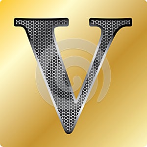 Vector EPS steel English font symbol V on Gold background.