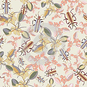 Vector EPS10 seamless design from Retro Bugs Ornament collection. Companion 2. Bugs among the mix of flowers.