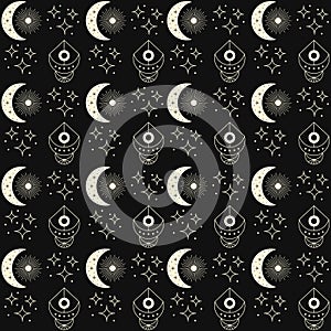 Vector esoterical and lunar linear seamless pattern on black. Isolated astrological gold symbols