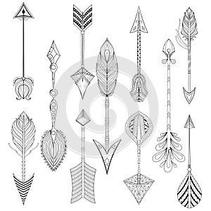 Vector ethnic Arrows set in zentangle design, concept. Hand drawn