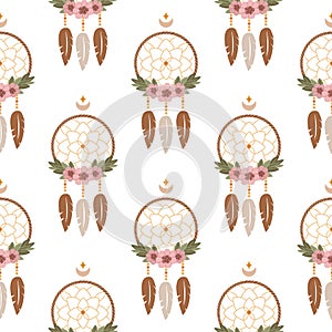 Vector ethnic seamless pattern. Native American dream catcher with feathers. Ethnic design,hand-drawn boho chic, tribal