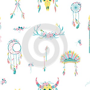 Vector ethnic seamless pattern. Native American dream catcher with feathers. Ethnic design,hand-drawn boho chic, tribal symbol.