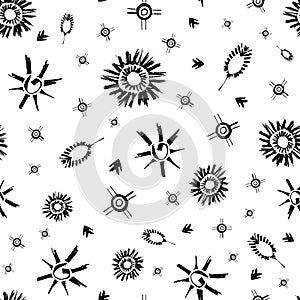 Vector ethnic and tribal motifs seamless pattern background. Grunge style black and white backdrop with sun, star