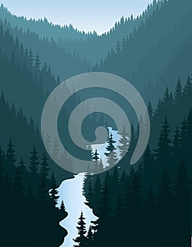 Vector evening in beautiful mountains forest with river