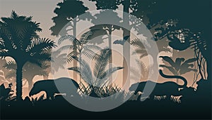 Vector evening in jungle with animals