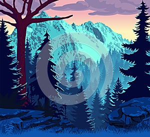 vector evening mountains woodland landscape