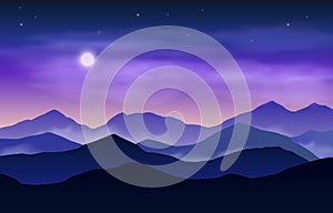 Vector evening or night landscape with blue and violet silhouettes of mountains and starry sky with moon