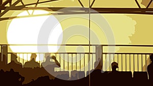 Vector of an Evening Sunset with People Sitting in the foregroun
