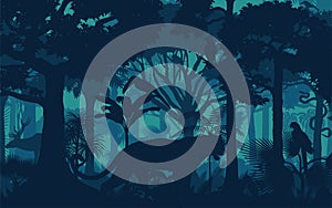 Vector evening tropical rainforest Jungle background with jaguar,