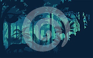 Vector evening tropical rainforest Jungle background with jaguar, sloth, monkey and qetzal