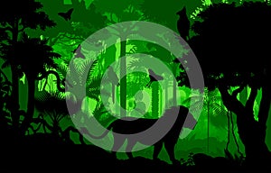 Vector evening tropical rainforest Jungle background with lion, harpy, python and butterflies