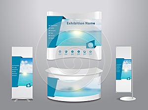 Vector exhibition stand with blue sea background