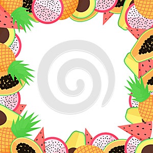 Vector exotic fruit frame with papaya, avocado, pineapple, dragon fruit and watermellon