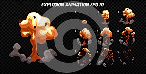 Vector explode. Explode effect animation with smoke. Cartoon explosion frames. Sprite sheet of explosion