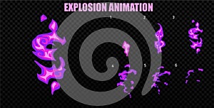 Vector explode. Explode effect animation with smoke. Cartoon explosion frames. Sprite sheet of explosion