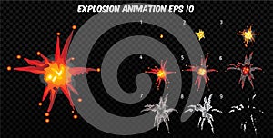 Vector explode. Explode effect animation with smoke. Cartoon explosion frames. Sprite sheet of explosion
