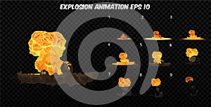 Vector explode. Explode effect animation with smoke. Cartoon explosion frames. Sprite sheet of explosion