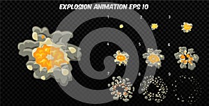 Vector explode. Explode effect animation with smoke. Cartoon explosion frames. Sprite sheet of explosion